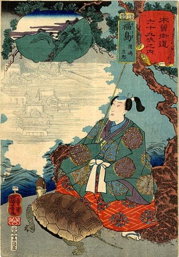Urashima y la tortuga, según ilustración de Utagawa Kuniyoshi
