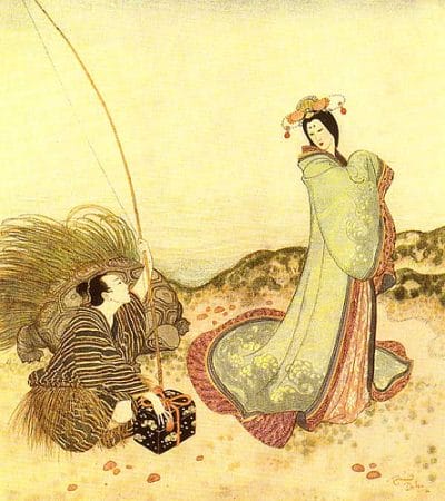 Urashima recibe la caja de madera, ilustración de Edmund Dulac